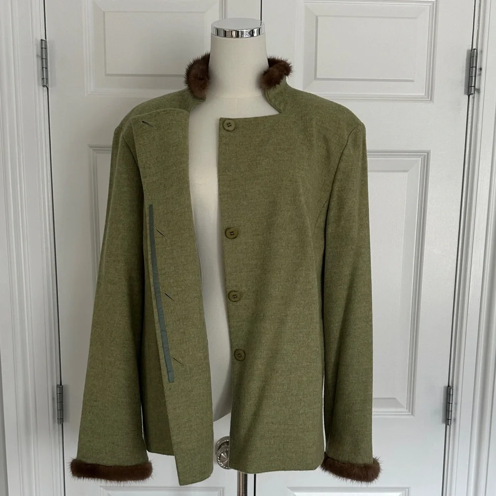 Vintage Selection de Givenchy Olive Green Parisian Wool Jacket Mink Fur Size 16W